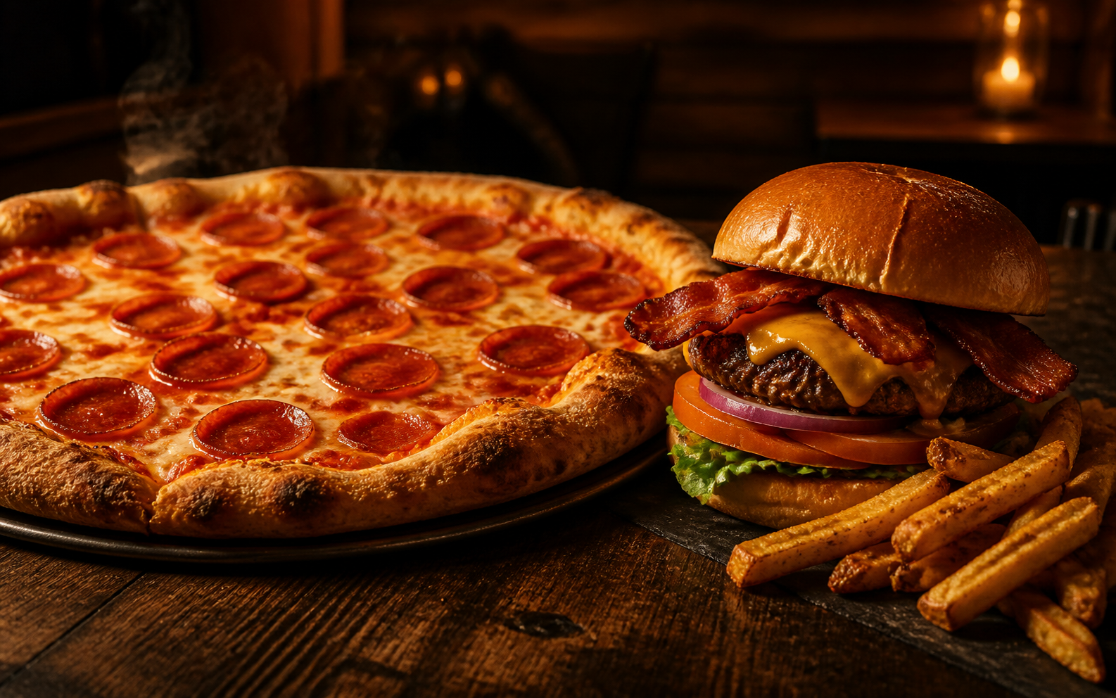 Pepperoni pizza, bacon cheeseburger and fries in a warm roadhouse setting