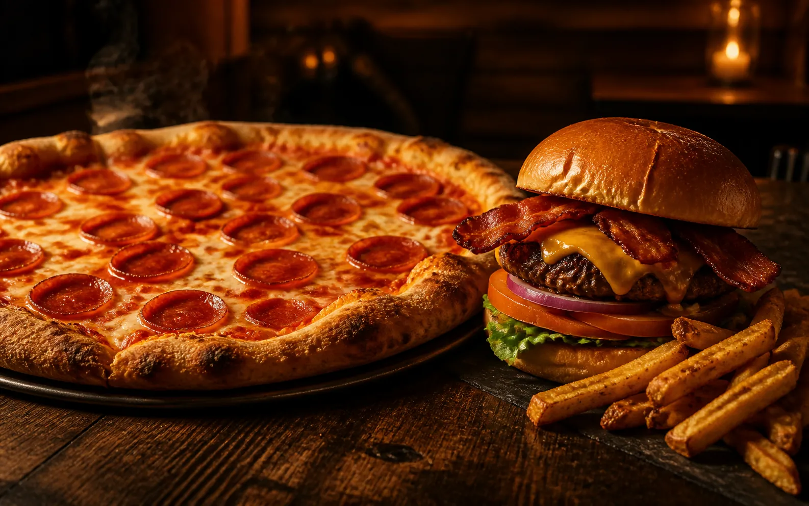 Pepperoni pizza, bacon cheeseburger and fries in a warm roadhouse setting