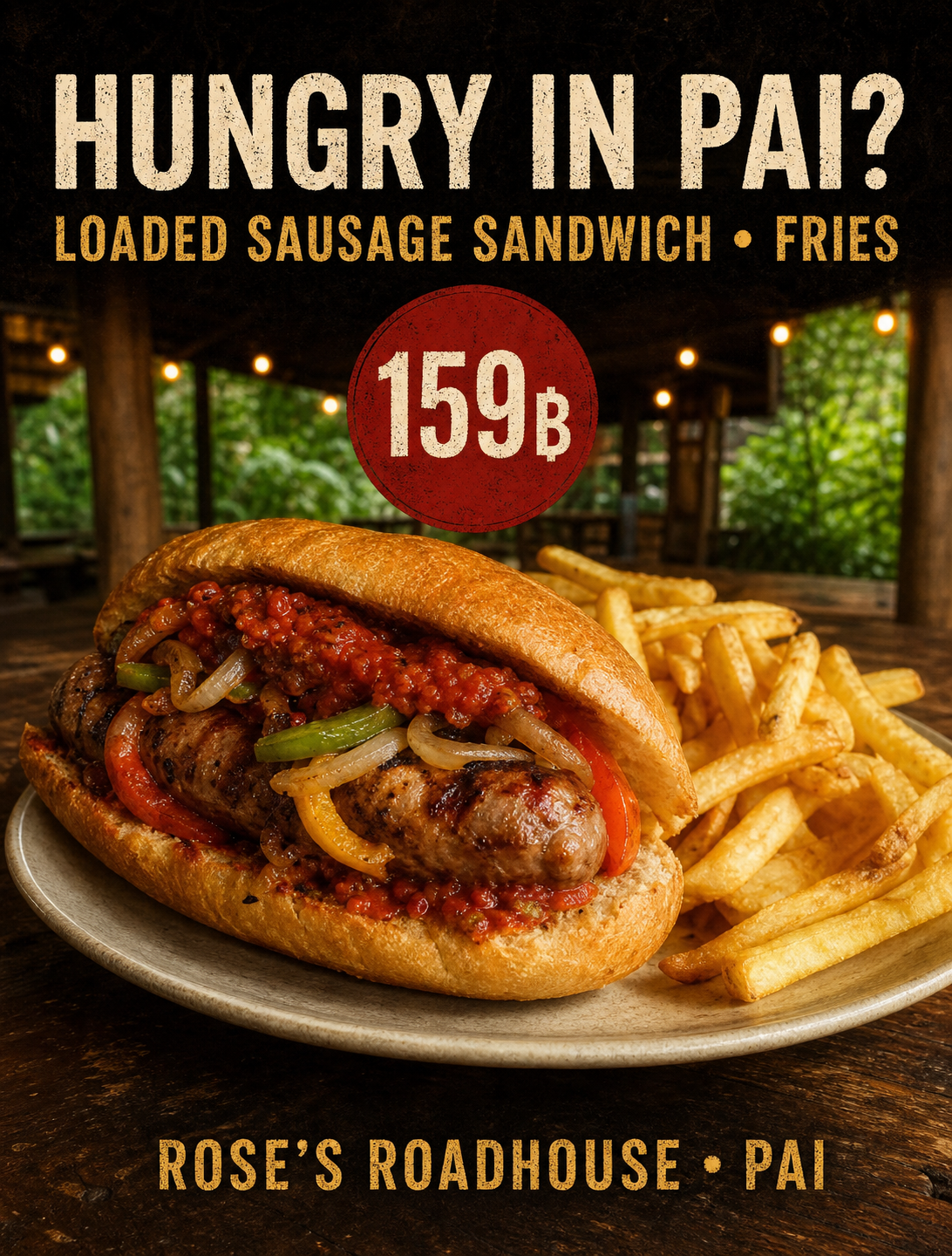 Sausage, bell pepper and onion sandwich with fries from Rose's Roadhouse